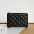 Quilted black PU leather mini wallet with silver zipper and classic diamond pattern - Black