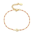 Detailed view of bohemian gold chain bracelet with red enamel beads and cactus charm - Red