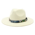 Detailed weave texture of off-white straw hat with a colorful snakeskin band and gold buckle - M (56-58cm) / Cream