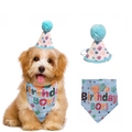 Blue pet birthday party set with sequin hat and Birthday BOY scarf on a dog - Light Blue Hat + Paw Print Bib Boy