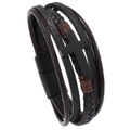 Detail of multi-layer leather bracelet with black metal cross and magnetic clasp - Cross Brown