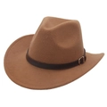 Classic brown felt western cowboy hat with a decorative leather band and gold metal buckle - M (56-58cm) / Khaki Cowboy (Brown Belt)