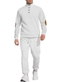 White knitted men's two-piece tracksuit set with stand collar and brown elbow patches - S / White