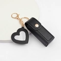 Black PU leather heart mirror and lipstick pouch keychain with gold metallic hardware - Black