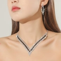 Silver bridal necklace and earrings set with black gemstones and clear rhinestones - Black Diamond V-Shape Silver Set(DTN14027055BK)
