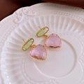 Detail of pink heart-shaped crystal earrings with green stones on elegant white porcelain - Pink Heart (Silver Pin)