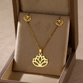 Detailed macro view of golden stainless steel lotus necklace and earring set in jewelry box - Lotus (TZ-432)