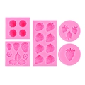 Pink silicone mold set for 3D strawberry leaf and flower fondant cake decorations - Strawberry 5-Piece Set / Pink