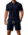 Men's navy blue waffle knit short sleeve polo shirt and drawstring shorts casual set - S / Navy Blue