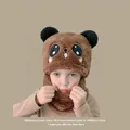 Brown fleece hooded baby winter hat scarf set with cute animal ears and embroidery - Bear-themed Headband Brown (ages 2-6)