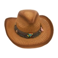 Chapeau de cowboy bohémien en paille tressée marron clair avec perles turquoise et pompon - Kaki 1 (Style Ethnique)