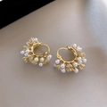 Elegant gold hoop earrings with white pearls and cluster crystals for a vintage look - 60# Gold Multi-layer Pearl Cluster Ear Clip (HE30401)