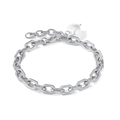 Silver chain bracelet with rectangular links and a heart-shaped pearl pendant - 【E84】Pearl Steel Bracelet