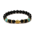 Black agate and turquoise bead bracelet with golden Buddha head and textured spacers - Shiny Stone Buddha