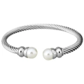 Silver stainless steel cable twisted wire cuff bracelet with white pearl end caps - Silver