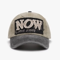Khaki and grey two-tone baseball cap with retro NOW letter patch and frayed edges - Adjustable / Khaki