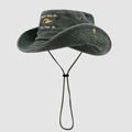 Detail of wide brim fishing hat with Women Want Me Fish Fear Me embroidery and cord - One Size / Army Green
