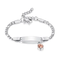 Engravable stainless steel bracelet with peach birthstone and Figaro chain on white background - October-Steel-16cm