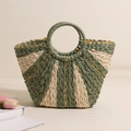 Golden thread straw tote bag in army green and beige patchwork for beach vacation - Green + Beige