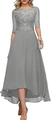 Elegant grey lace evening dress with crochet bodice and high-low chiffon hemline - L (US 12) / Bottoms / Silver Gray