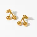 Golden cherry-shaped stainless steel stud earrings with high-polish finish - Cherry Gold Earrings (D2851)