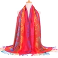 Detail of colorful jacquard scarf with rose patterns and fringe trim on a mannequin - Rose Red