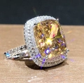 Elegant champagne yellow cushion-cut zircon ring with silver halo setting for women - Ur0677c