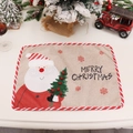 Weihnachts Tischset mit Weihnachtsmann Stickerei und gestreiftem Rand auf Leinen - Weihnachtsmann Besticktes Leinen Tischset