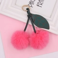 Plush cherry keychain with pink faux fur pom poms and green leather leaves for bags - Spring Ring / Watermelon red