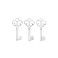 Detailed view of three silver vintage crown key charms with intricate metal patterns - Bright Silver