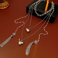 Silver layered necklace set with artificial pearls, bird and heart pendants in silver finish - Vintage Tassel Bird Necklace 2pcs Set