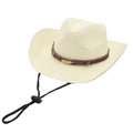 Detail of a cream-colored woven straw hat featuring a brown band with golden feather accents - One Size / Creamy White (Gold Feather Style)
