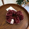 Burgundy polka dot scrunchie with white flower accessory on wooden tray centerpiece - Wine Red Polka Dot Scrunchie / Burgundy