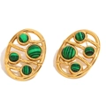 Retro 18K gold plated stainless steel hollow oval earrings with green malachite stones - Openwork Oval Malachite Stud Earrings (Gold)