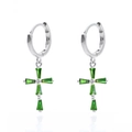 S925 silver cross hoop earrings with emerald green baguette cut gemstones and polished finish - Green Silver