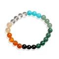 Detailed close-up of 8mm multicolored natural stone elastic bead bracelet on white background - Clear Quartz + Red Banded Agate + Citrine + Shiny Stone + Peacock Green + Green Stone