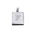 Detailed view of silver square pendant with white shell inlay and letter F engraving - Steel F