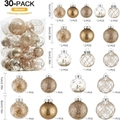 30-piece Christmas tree ball set in gold and clear styles with glitter and sequins - Champagne Gold Ornament Balls Set (30 Pack)