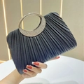 Elegant black pleated evening clutch bag with sparkling rhinestone crescent metal handle - Black