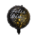 18-inch black round foil balloon with Feliz Día Spanish greeting and golden stars - Black Star Spanish Birthday Round