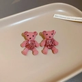Close-up of pink flocked teddy bear earrings with rhinestone accents on a beige tray - 47# Silver Needle-Pink (Rhinestone Bear)
