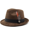 Dark brown fedora hat featuring black ribbon band with orange feather and anchor badge - M(56-58cm) / Suede Coffee