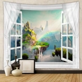 3D scenic wall tapestry featuring mountain landscape and waterfall view from window - Fantasy Cloud Sea (GT805-10) - Brushed Fabric / 73X95CM