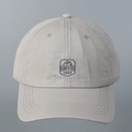 Detailed view of grey cotton baseball cap with blue SINDUYA 1985 embroidery and stitching - M (56-58cm) / Gray