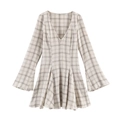 Robe courte grise à carreaux, col en V, manches évasées et texture gaufrée - XS / Carreaux Beige Gris