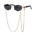 Fashionable gold hexagonal sunglasses with black lenses and elegant long chain detail - Gold Frame Black Temple Solid Black
