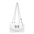 White quilted shoulder bag with silver bow accent and adjustable chain strap - White