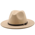 Detail of beige wool felt fedora featuring a black leather band and gold metal buckle - M (56-58cm) / Beige