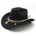 Détail de chapeau de cowboy avec franges blanches, coquillages et pendentif argenté - M(56-58cm) / Noir