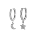 Silver asymmetric star and crescent moon hoop earrings with micro-pave cubic zirconia - Silver Asymmetric Star Moon Hoop